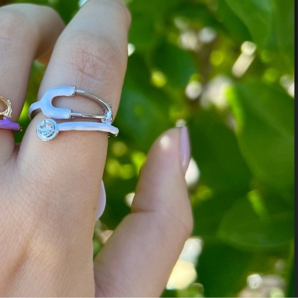 NEW Stethoscope ring - silver with white enamel and clear stone - size 7